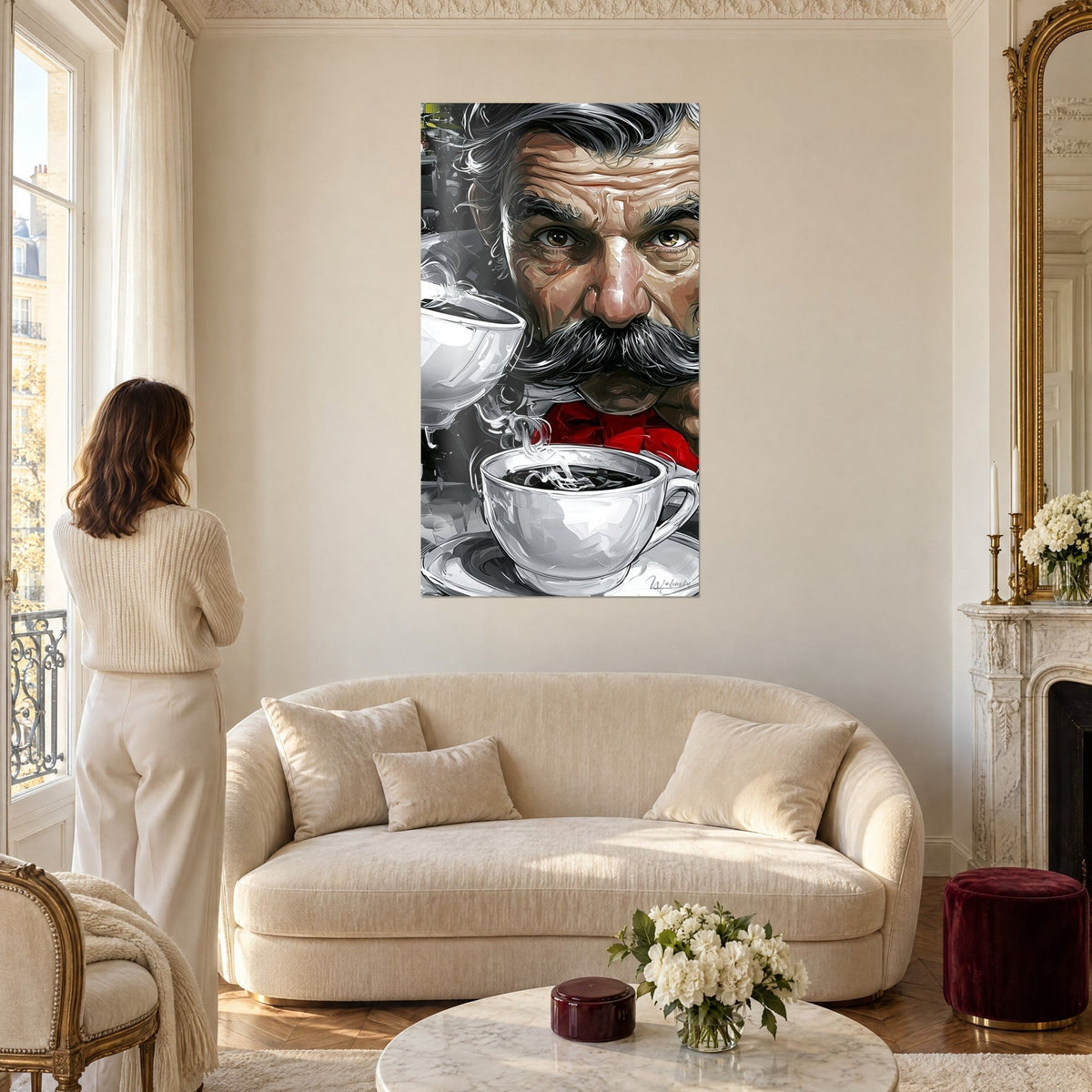 Gemälde eines Schnurrbartträgers mit durchdringendem Blick, roter Knoten und dampfende weiße Tasse, über einem Sofa in einem hellen Wohnzimmer