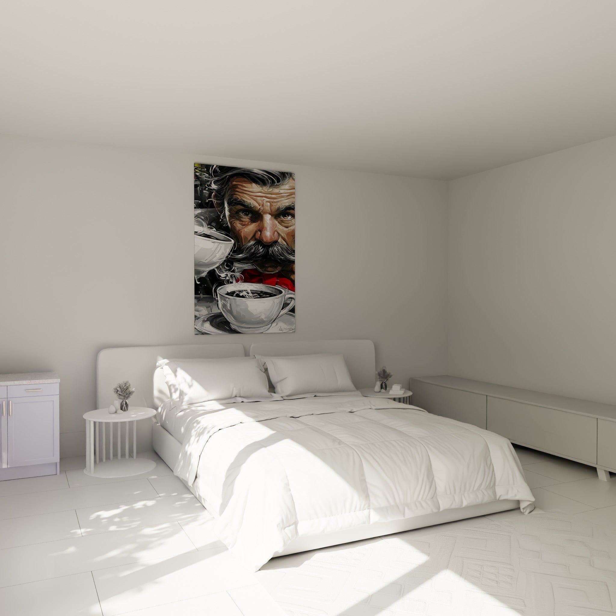 Portrait d'homme buriné en noir et blanc, veste rouge et tasse fumante, tableau café au-dessus d'un lit dans une chambre claire