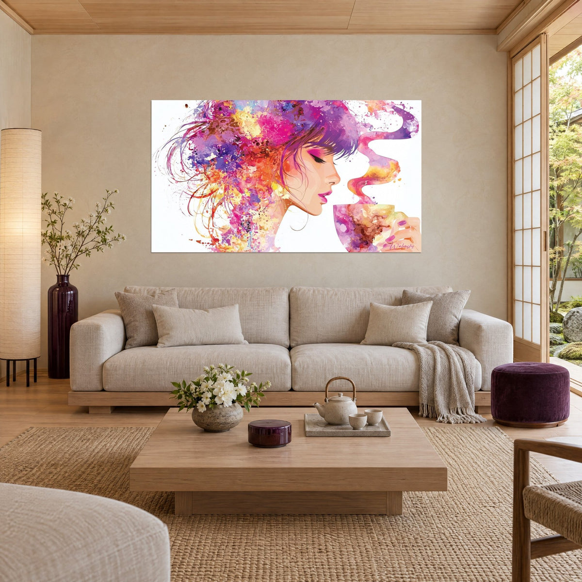 Tableau visage de femme aux paupières closes, chevelure éclatée violette, rose et orange, vapeur de tasse, au-dessus d'un canapé dans un salon lumineux