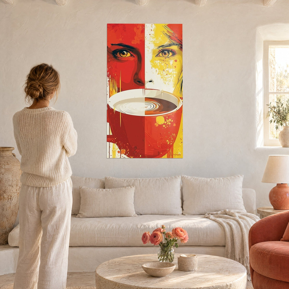 Gemälde Gesicht geteilt in Rot und Gelb, dampfende Tasse mit cremefarbenen Wellen, betrachtet von einer Frau über einem Sofa in einem lichtdurchfluteten Wohnzimmer