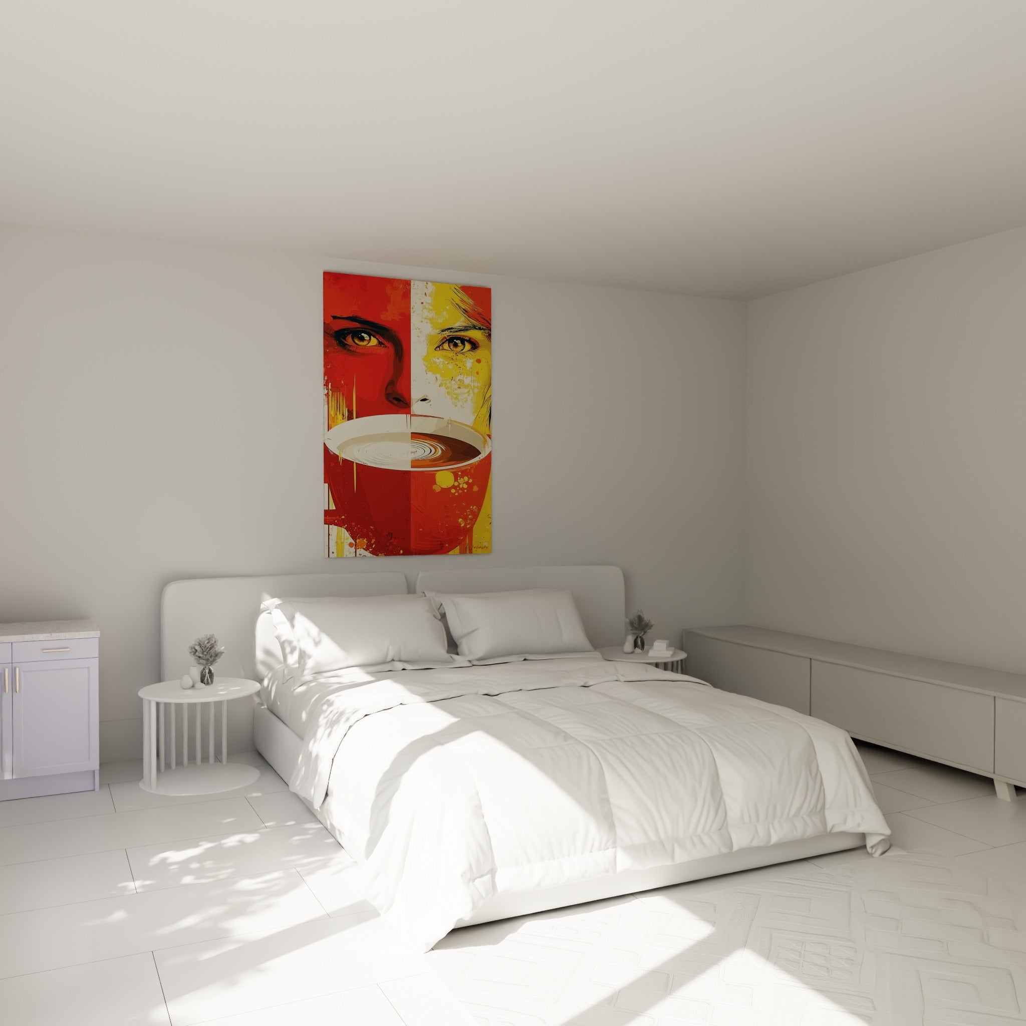 Femme au regard doré derrière tasse de café rouge et jaune, au-dessus d'un lit dans une chambre claire