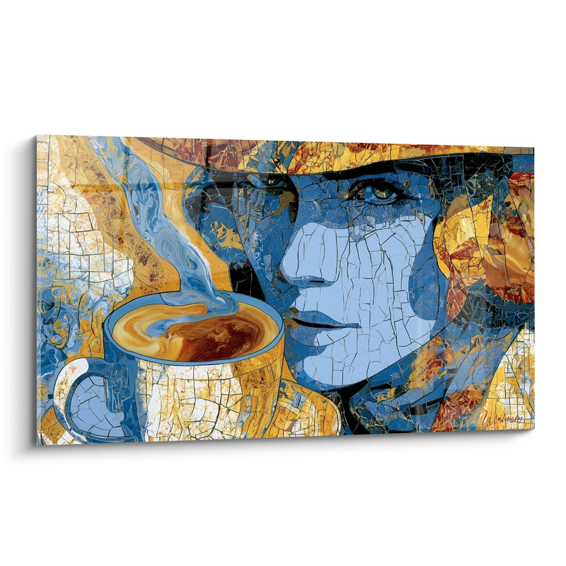 Tableau Visage craquelé bleu et doré au chapeau - Vapeur bleutée et yeux verts - Edition Café
