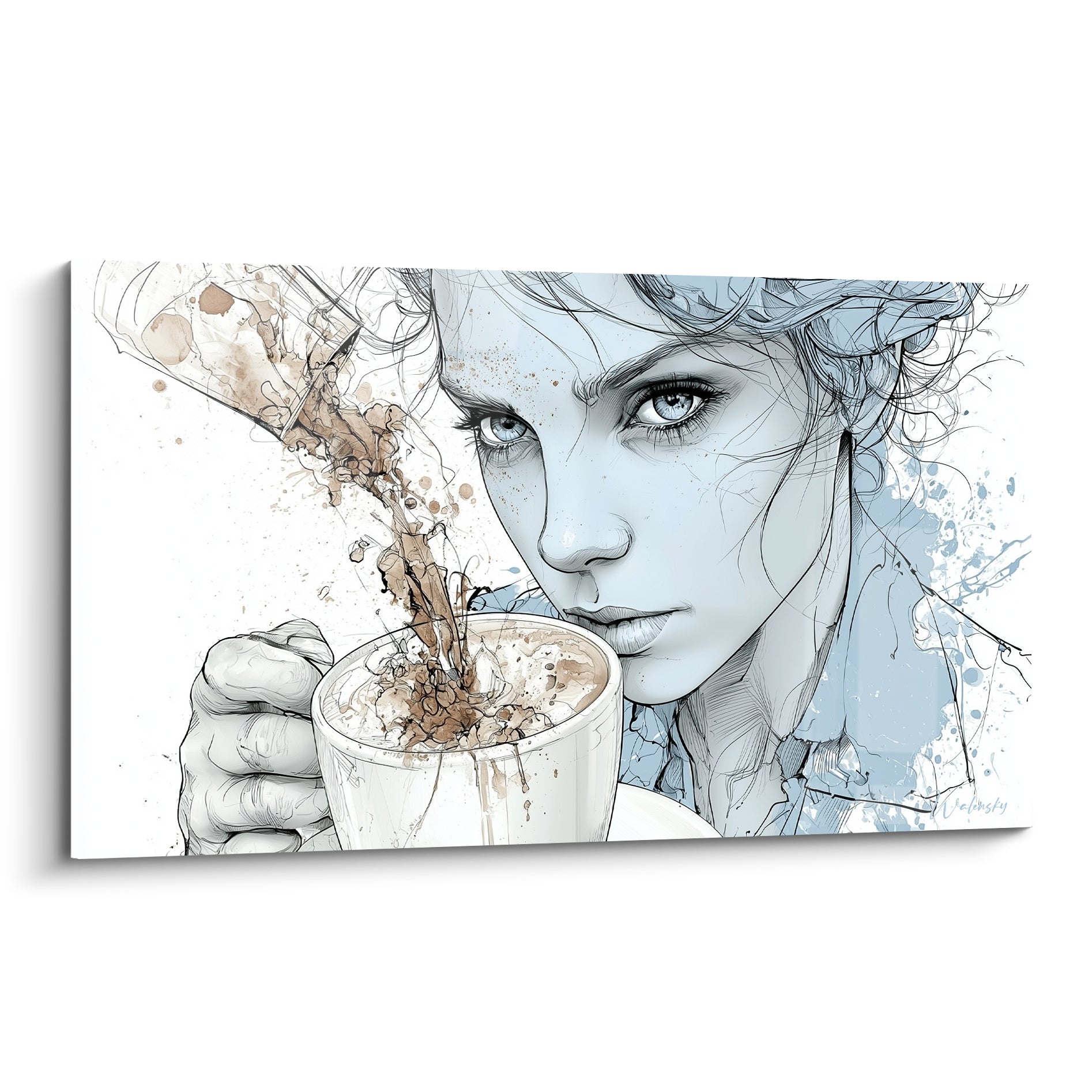 Femme aux yeux bleu glacé tenant une tasse blanche, café terracotta éclaboussant en volutes esquissées