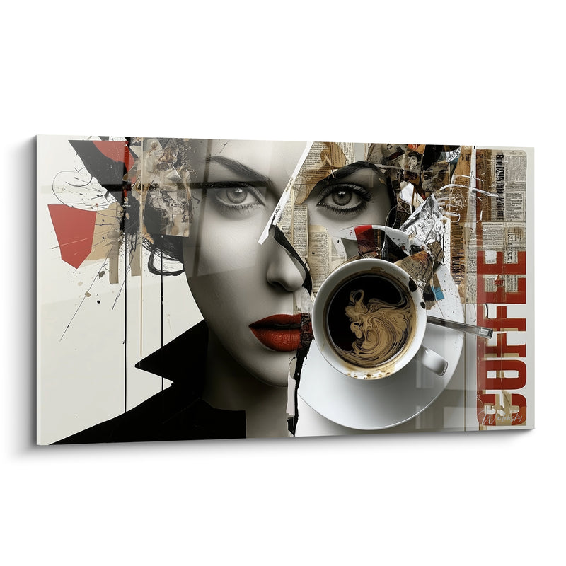 Tableau Visage collage noir et blanc aux lèvres rouges - Journaux découpés en fond - Edition Café