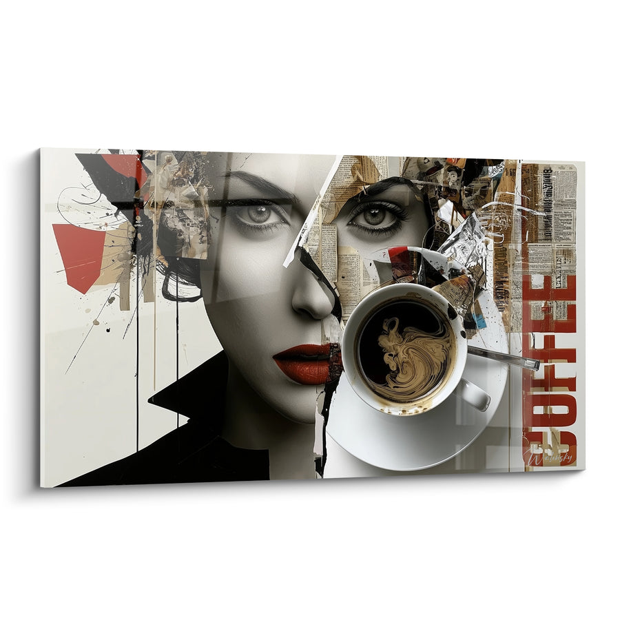 Tableau Visage collage noir et blanc aux lèvres rouges - Journaux découpés en fond - Edition Café