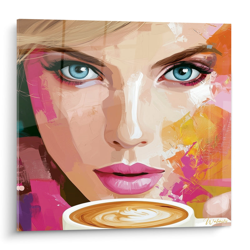 Tableau Visage rose et orangé aux yeux bleus perçants - Lèvres fuchsia intenses - Edition Café