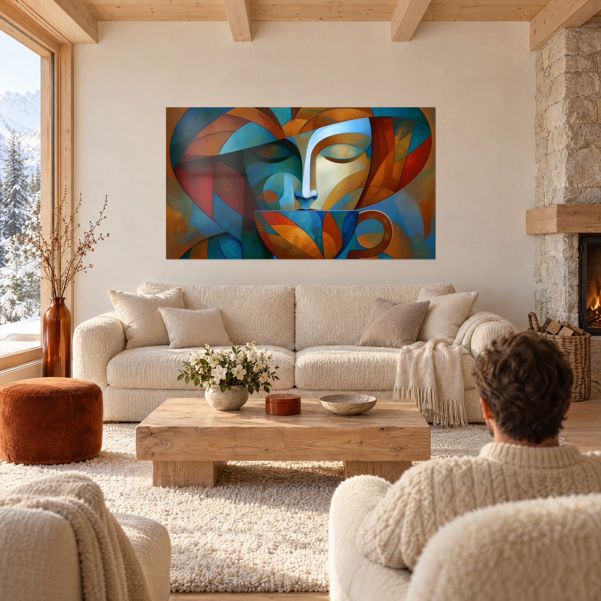 Tableau visage cubiste aux yeux clos, facettes bleu turquoise et orangé, tasse à anse spiralée, au-dessus d'un canapé dans un salon lumineux