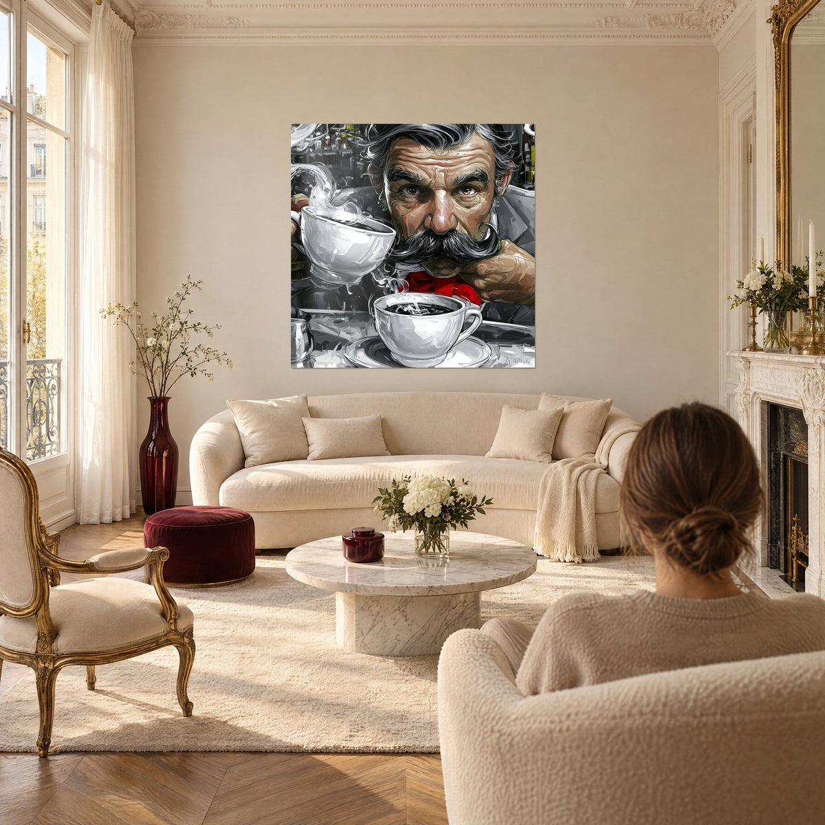Quadro uomo con baffo a manubrio e papillon rosso, tazze fumanti in bianco e nero, sopra un divano in un soggiorno luminoso