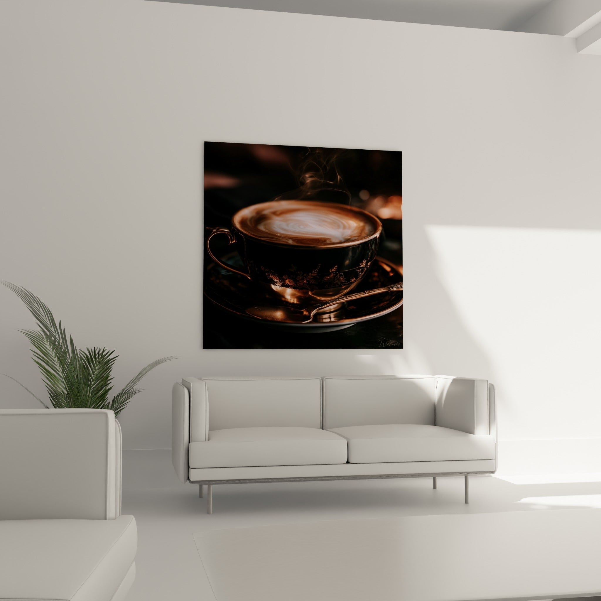 Reflets cuivrés d'une tasse de café fumante sur fond noir, au-dessus d'un canapé dans un salon lumineux