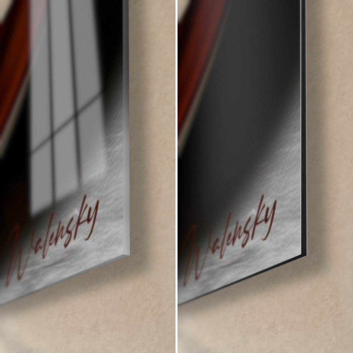 Tableau tasse cuivrée et café noir, coin bas droit : verre acrylique brillant à gauche, Dibond mat gris à droite, tranche de 3 mm
