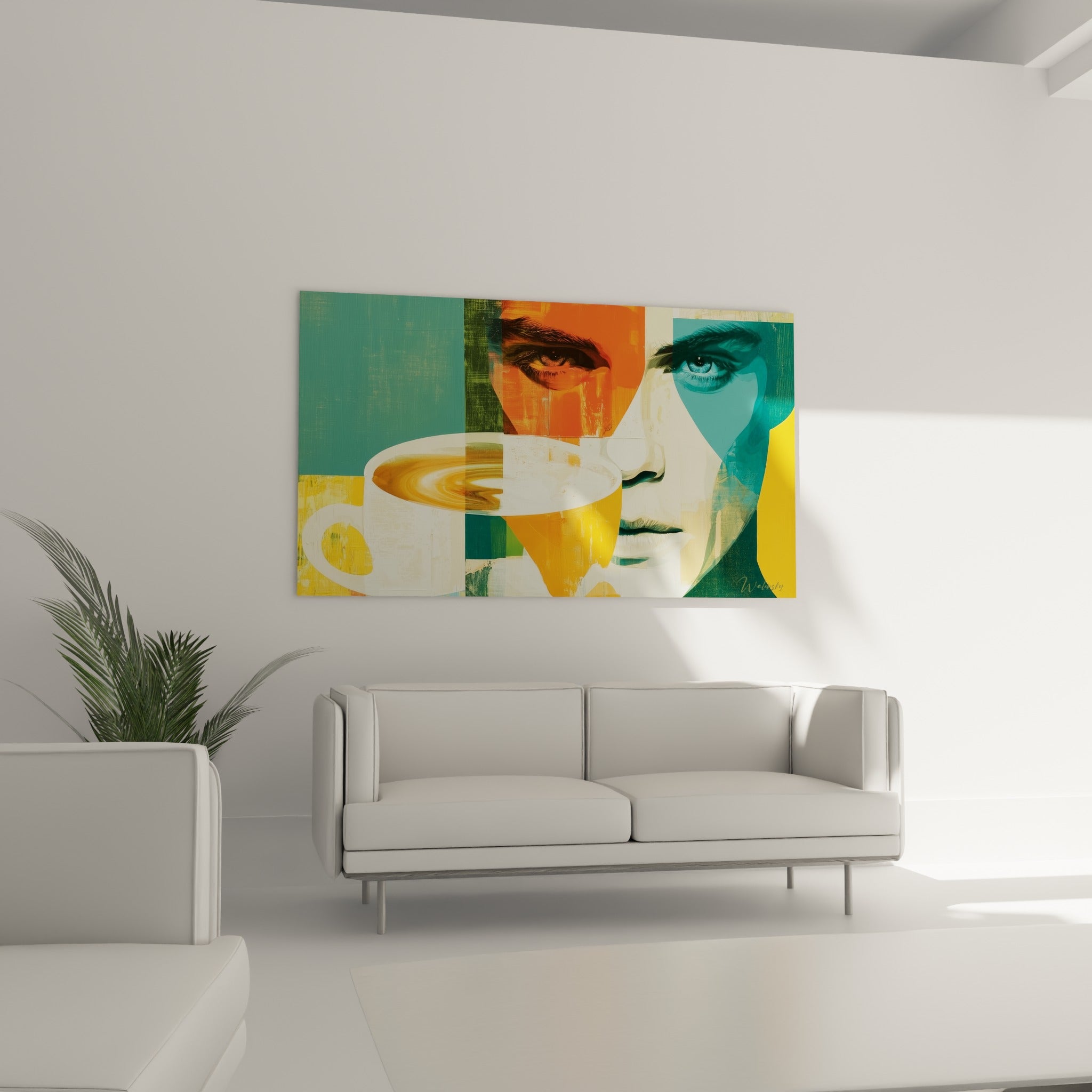 Regard intense turquoise et orangé encadrant une tasse blanche, au-dessus d'un canapé dans un salon lumineux