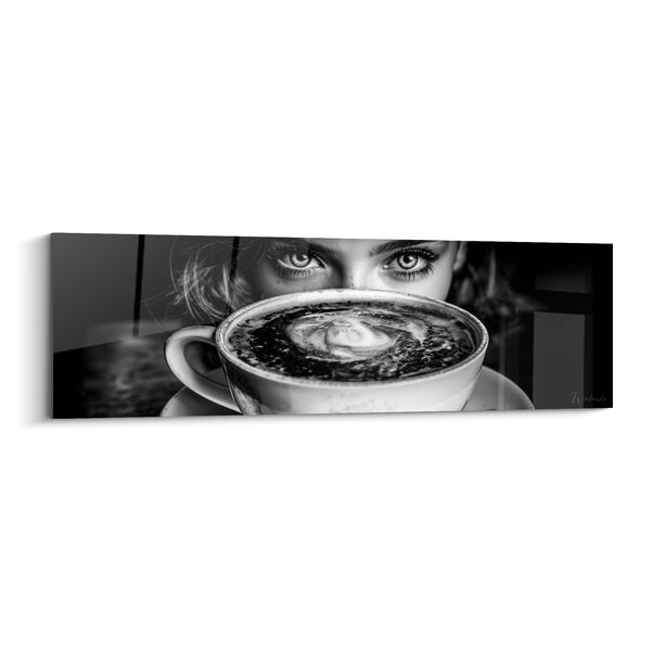 Cuadro Mirada blanco y negro detrás de una taza - Mirada furtiva - Edición Café