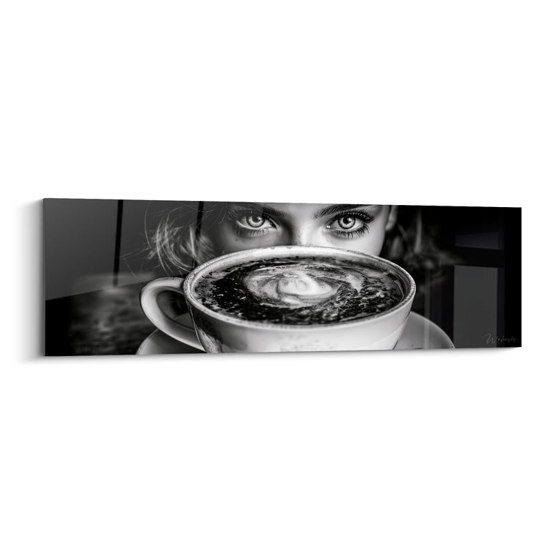 Tableau Regard noir et blanc derrière une tasse - Regard furtif - Edition Café