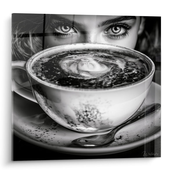 White Mug and Intense Black Gaze - Glance Aside - Café Edition