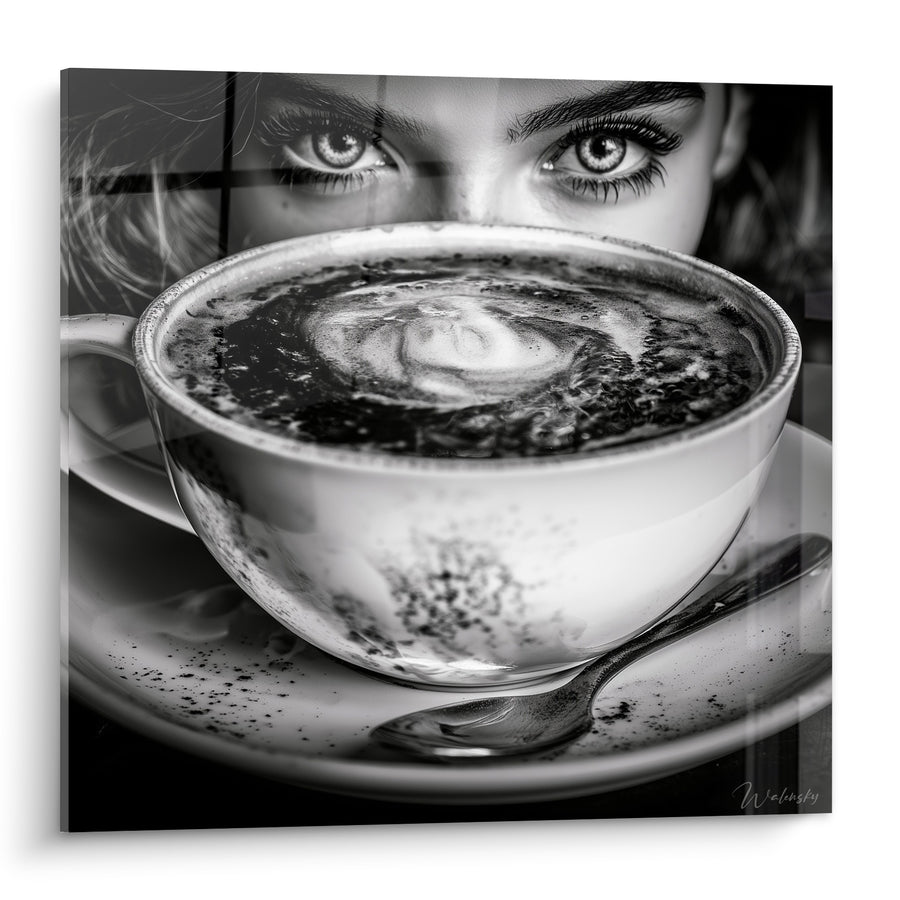 Gemälde Weißer Becher und intensiver schwarzer Blick - Seitenblick - Edition Café