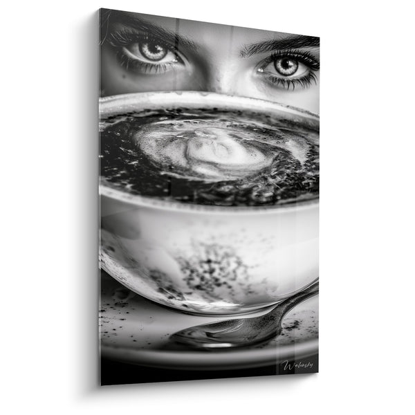 Black and White Coffee Cup with Eyes Artwork - Suspended Gaze - Café Edition