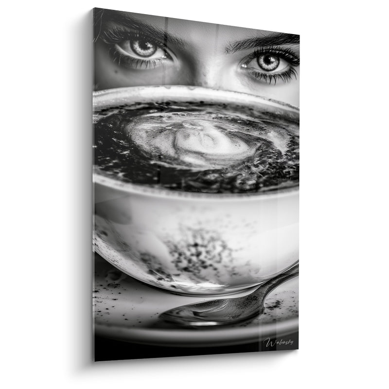 Tableau Tasse de café aux yeux noir et blanc - Regard suspendu - Edition Café
