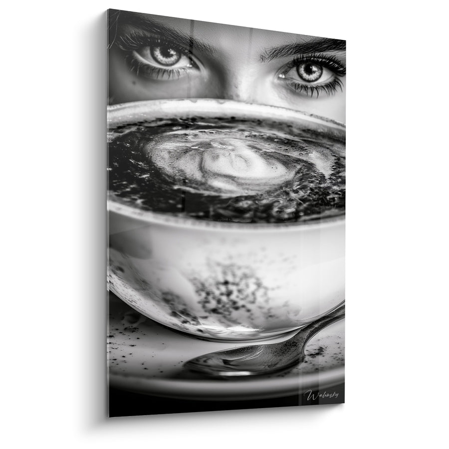 Tableau Tasse de café aux yeux noir et blanc - Regard suspendu - Edition Café