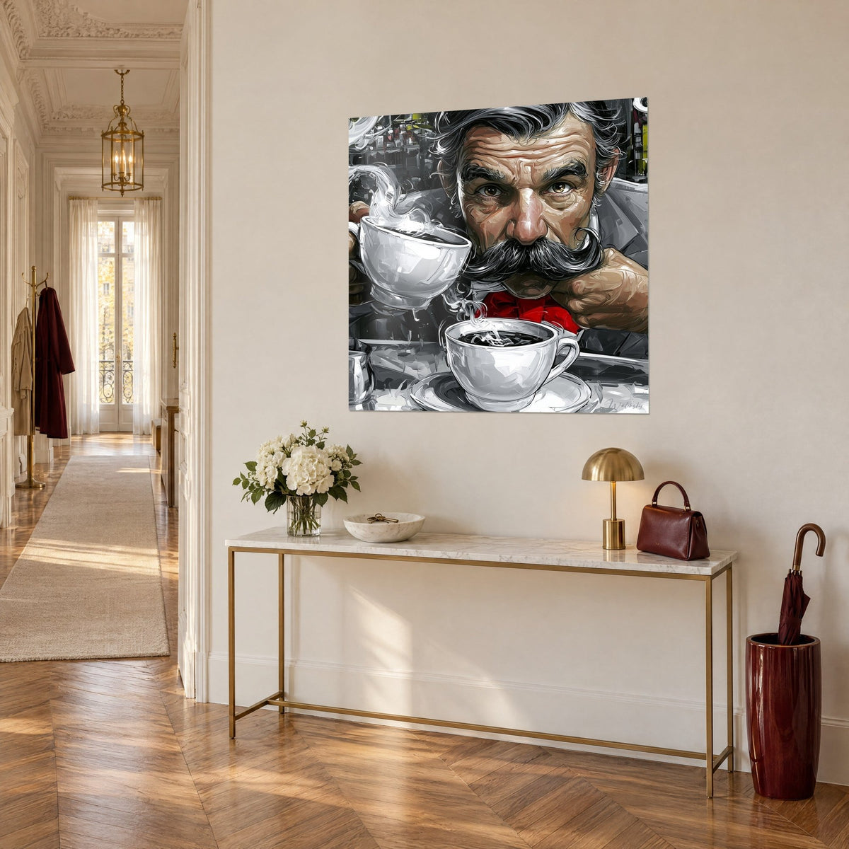 Quadro ritratto dipinto di un barbuto dagli occhi nocciola, baffo d'inchiostro e papillon rosso vivo, tazza bianca fumante, parete stile haussmanniano