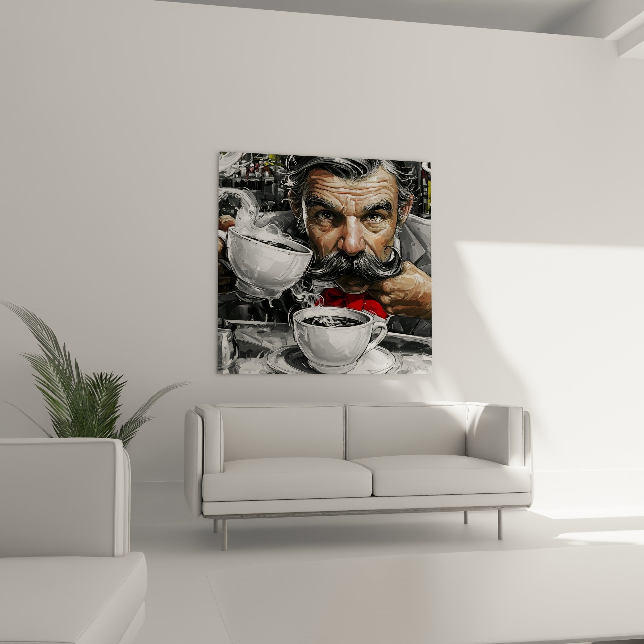 Regard perçant d'un homme moustachu buvant son café, tons anthracite et blanc, au-dessus d'un canapé dans un salon lumineux.