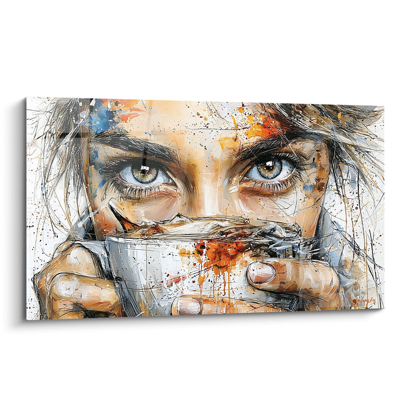 Tableau Portrait buvant une tasse orange et bleue - Regard volé au réveil - Edition Café