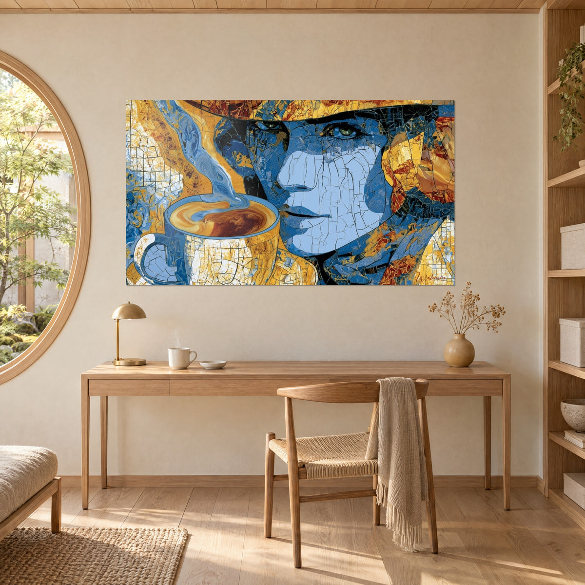 Wall art green gaze within a cracked blue and gold face, creamy coffee in the cup, cream wall above a light wood desk