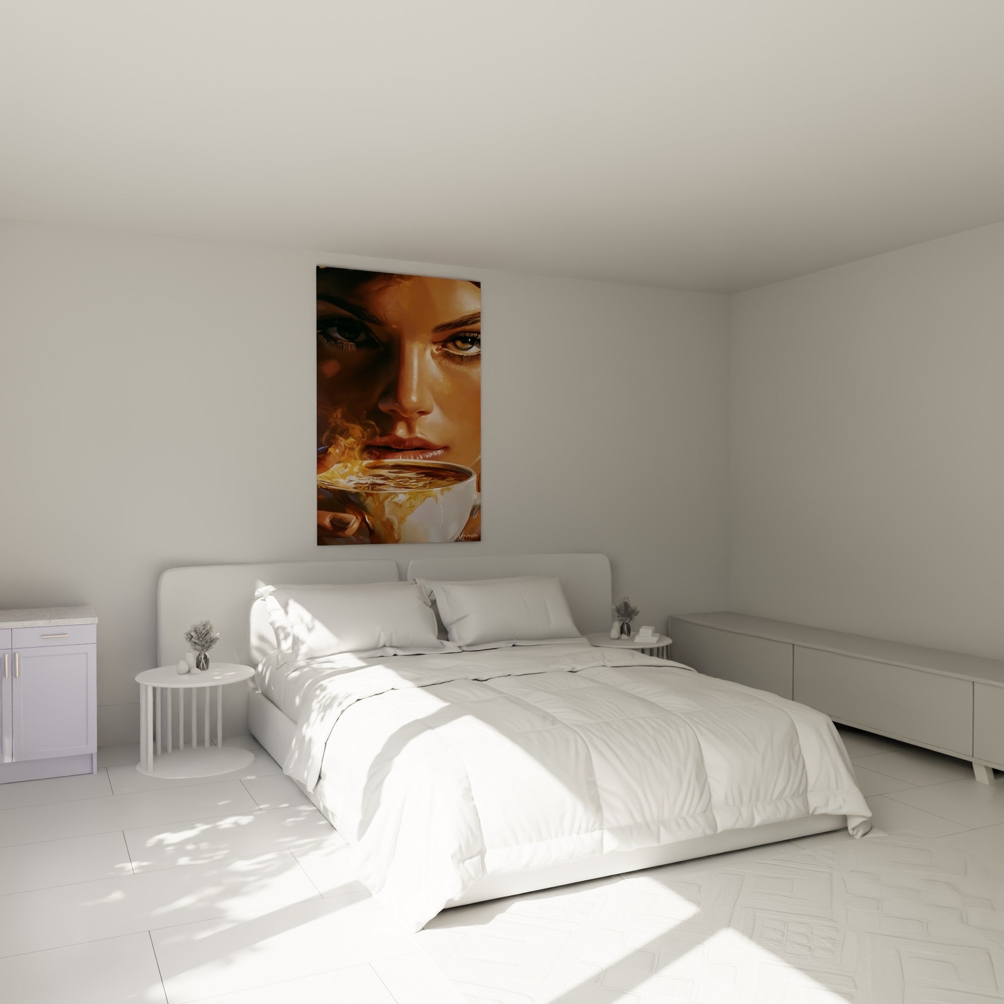 Regard vert et vapeur dorée s'élevant d'une tasse blanche, tableau café accroché au-dessus d'un lit dans une chambre claire