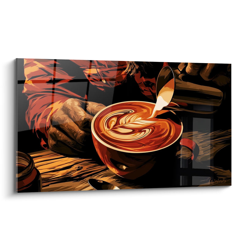 Tableau Tasse noire et orangée au versement mousseux - Mains sur table en bois - Edition Café