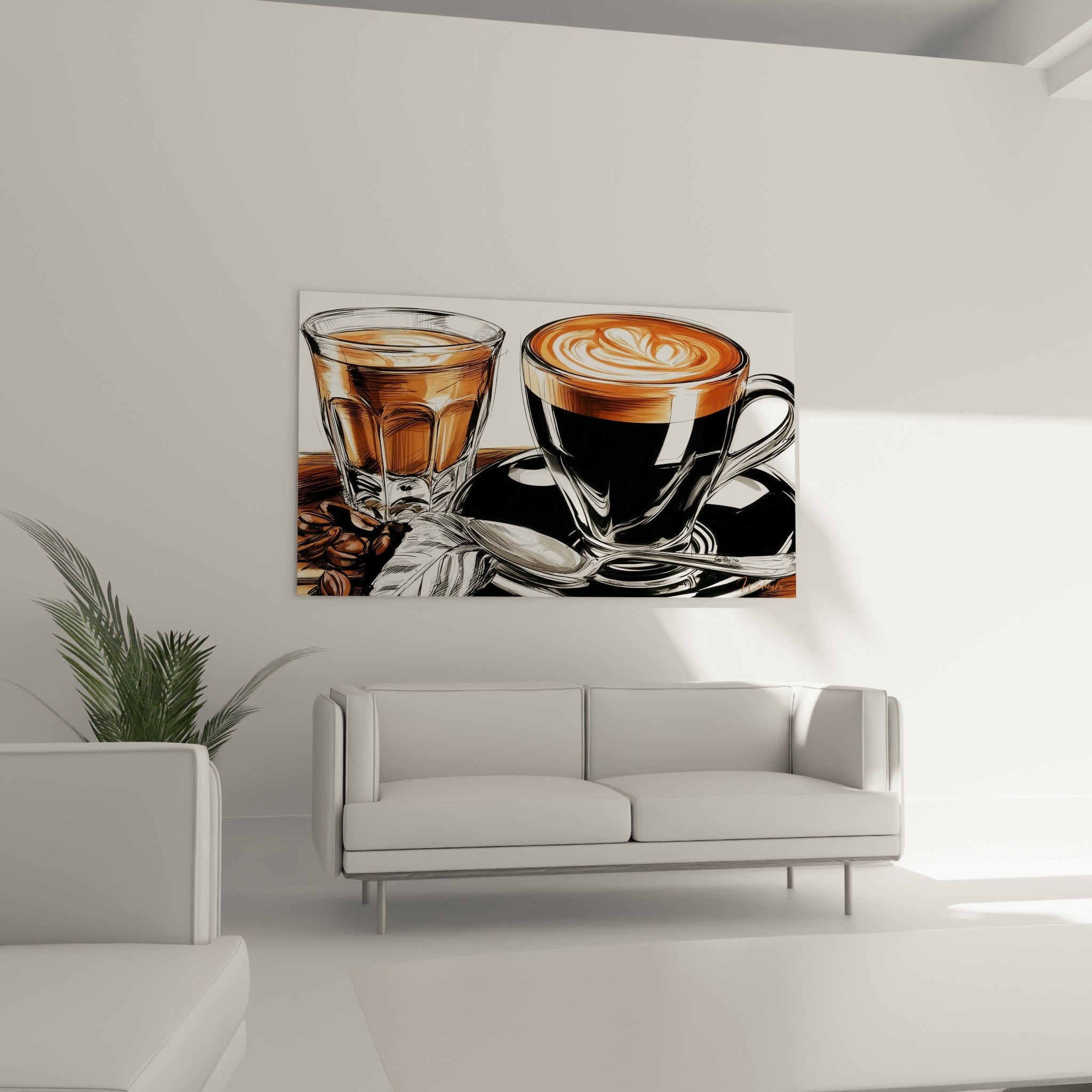 Tasse de café au latte art doré accrochée au-dessus d'un canapé dans un salon lumineux