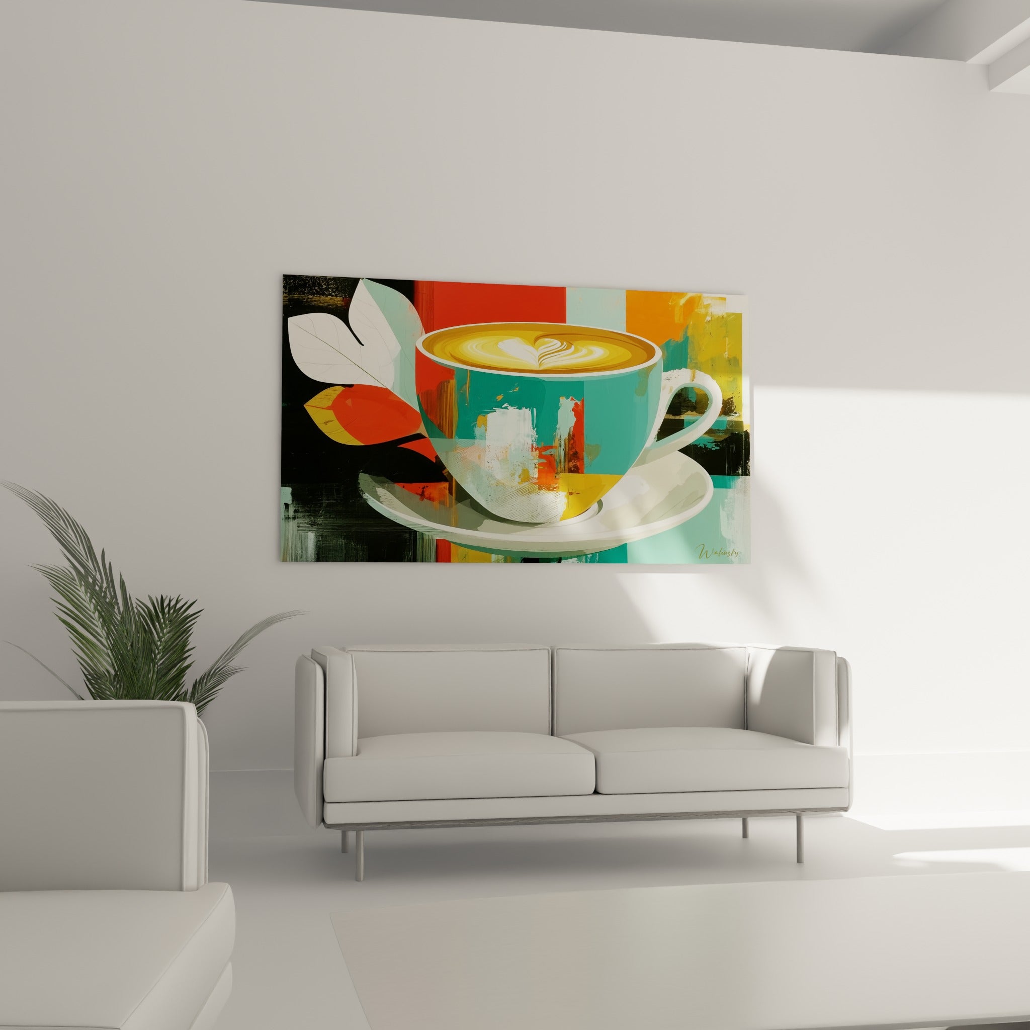 Tasse de café orangée et turquoise disposée au-dessus d'un canapé dans un salon lumineux