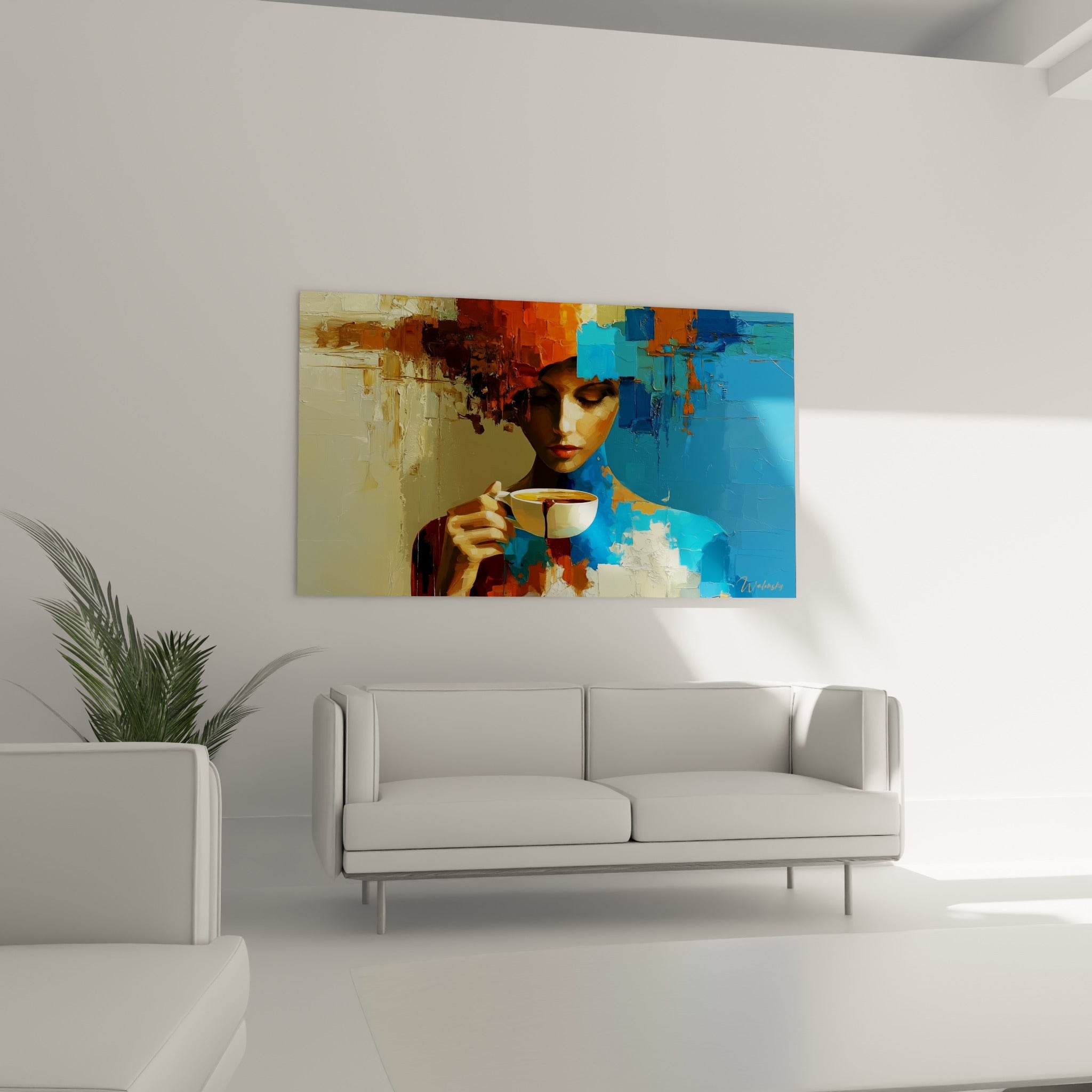 Silhouette buvant un café dans une palette turquoise et cuivrée, au-dessus d'un canapé dans un salon lumineux