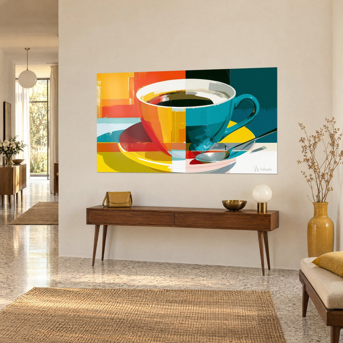 Tableau porcelaine bicolore et soucoupe jaune citron, cuillère argentée, café noir, sur un mur beige au-dessus d'une console en bois