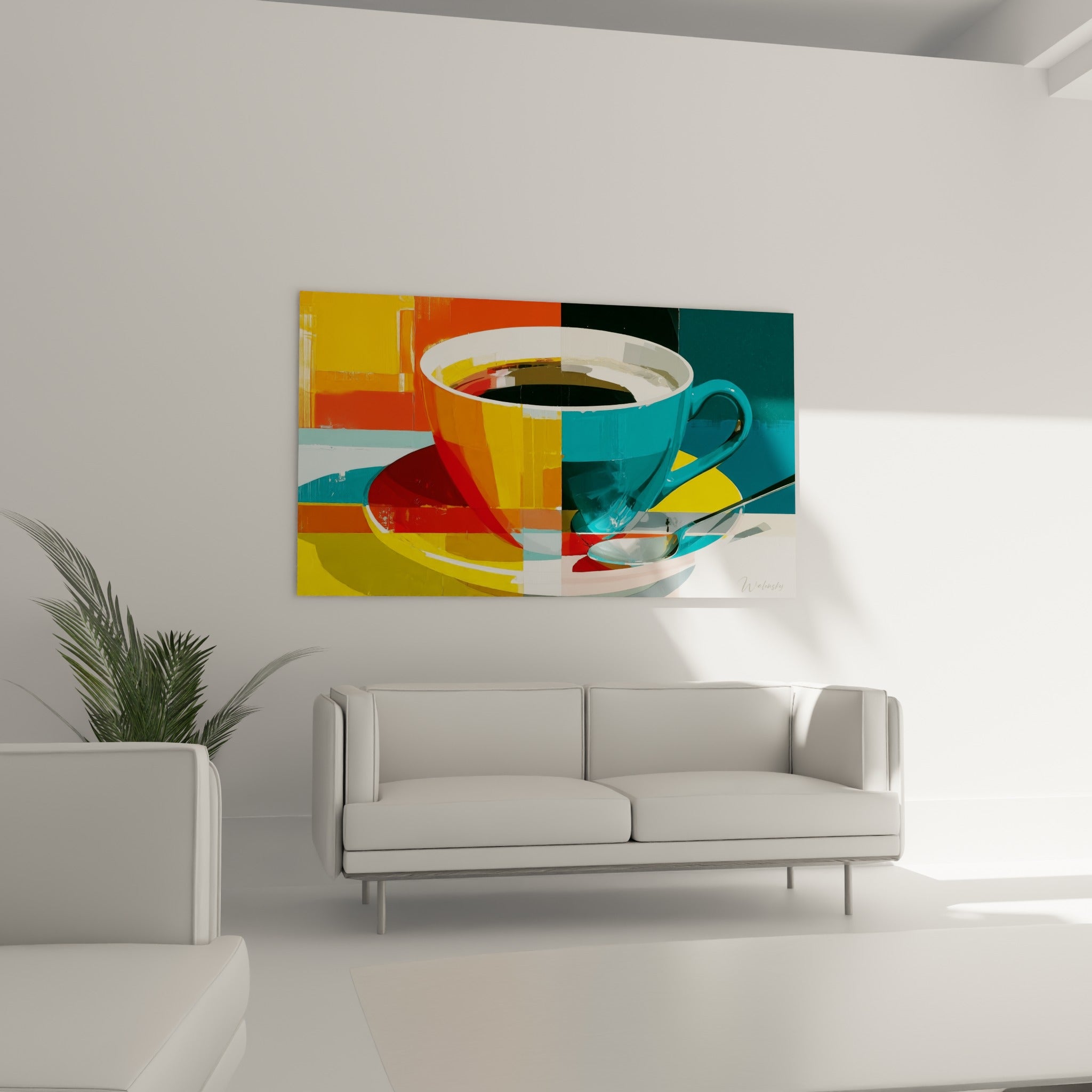 Soucoupe rouge orangé et jaune moutarde sous une tasse bleu canard, au-dessus d'un canapé dans un salon lumineux