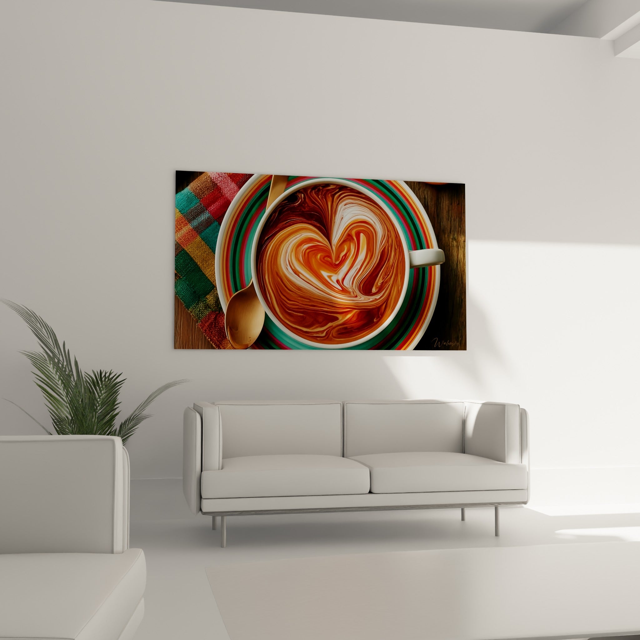 Cuillère dorée traversant une mousse terracotta et blanche, au-dessus d'un canapé dans un salon lumineux
