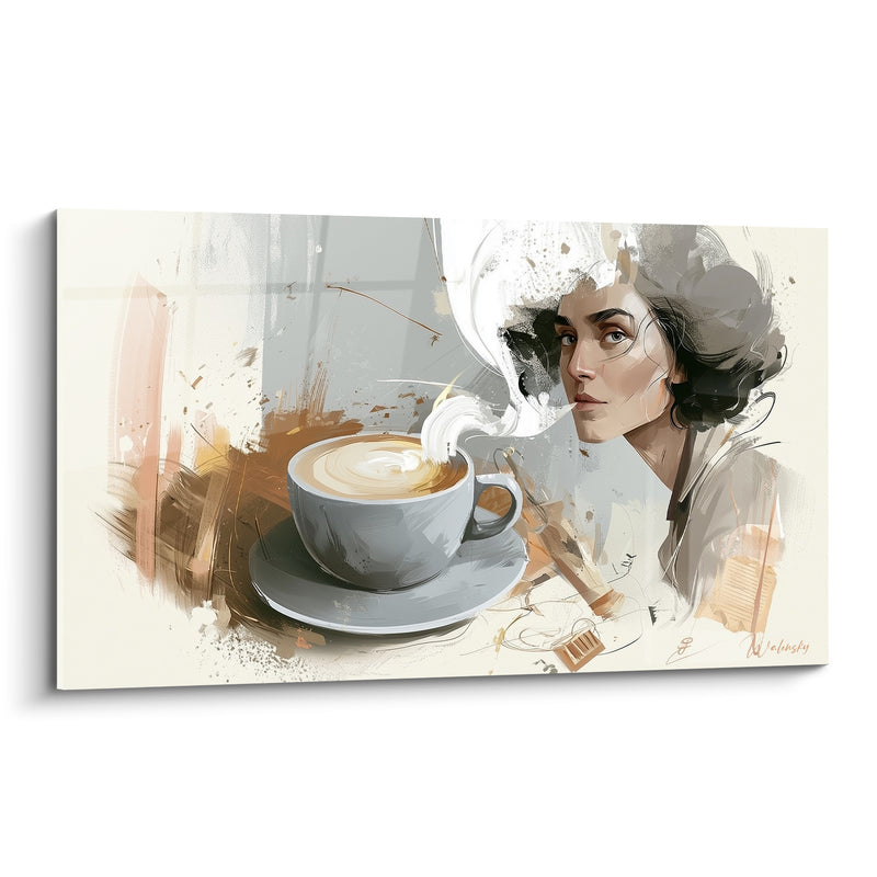 Tableau Cappuccino gris et beige au portrait - Pause contemplative - Edition Café