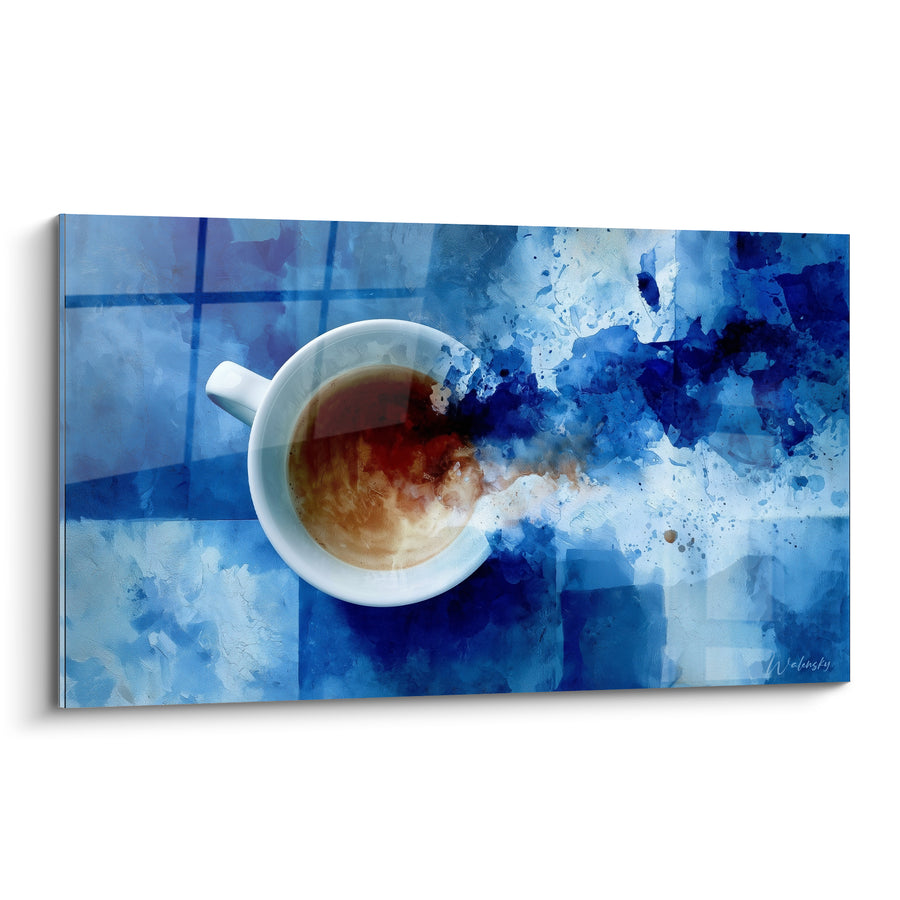 Tableau Tasse blanche vue de dessus sur bleu éclaboussé - Pause matinale bleutée - Edition Café