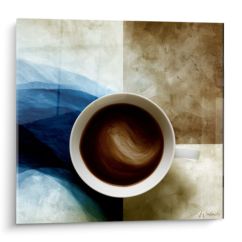 Tableau Tasse blanche au tourbillon brun crème sur fond bleu - Vue plongeante quadrillée - Edition Café