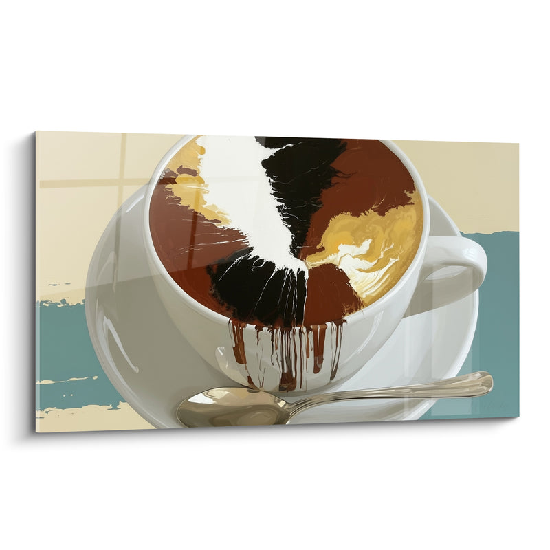 Tableau Tasse blanche aux coulures noires et dorées - Fond turquoise et beige - Edition Café