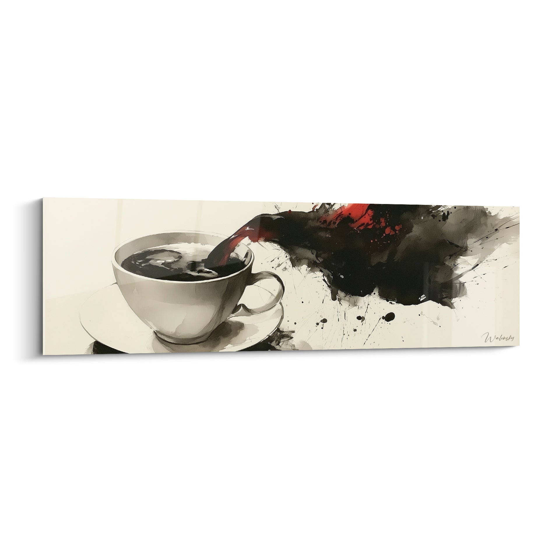 Tasse blanche de café noir avec éclaboussures anthracite et rouge sur fond ivoire