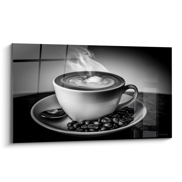 White Cup and Smoking Black Coffee Beans Painting - Gentle Awakening - Café Edition