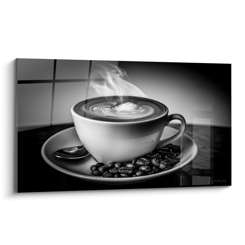Tableau Tasse blanche et grains noirs fumants - Réveil en douceur - Edition Café