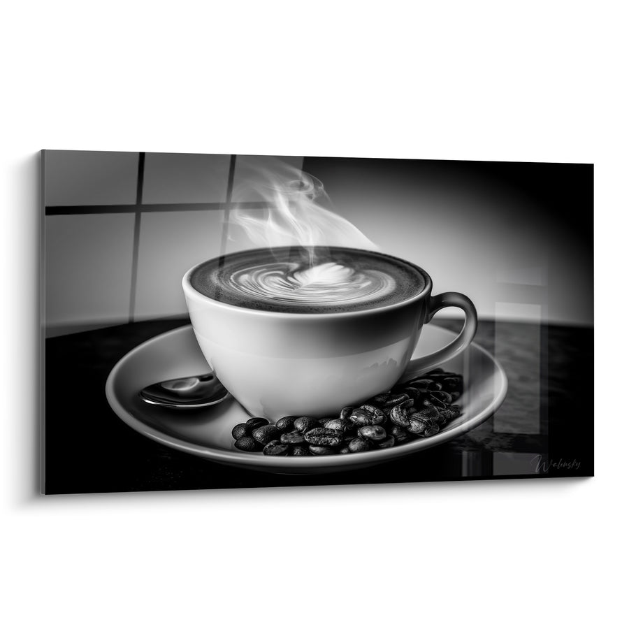 Tableau Tasse blanche et grains noirs fumants - Réveil en douceur - Edition Café