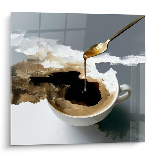 Tasse blanche et café anthracite, filet de miel doré coulant depuis une cuillère