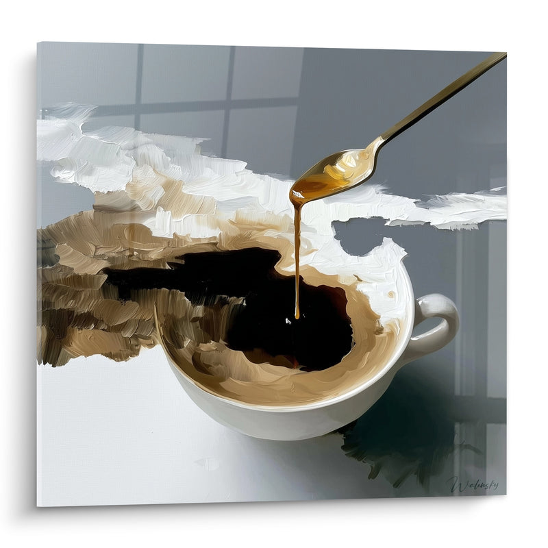 Tableau Tasse blanche et cuillère dorée de miel - Pause dorée - Edition Café
