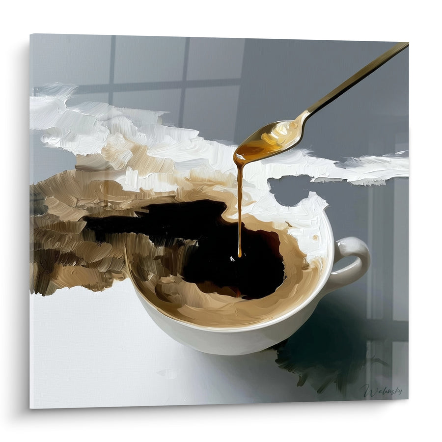 Tableau Tasse blanche et cuillère dorée de miel - Pause dorée - Edition Café