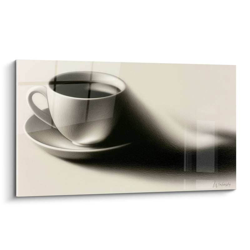 Tableau Tasse blanche et noire à l'ombre étirée - Reflets de fenêtre quadrillée - Edition Café