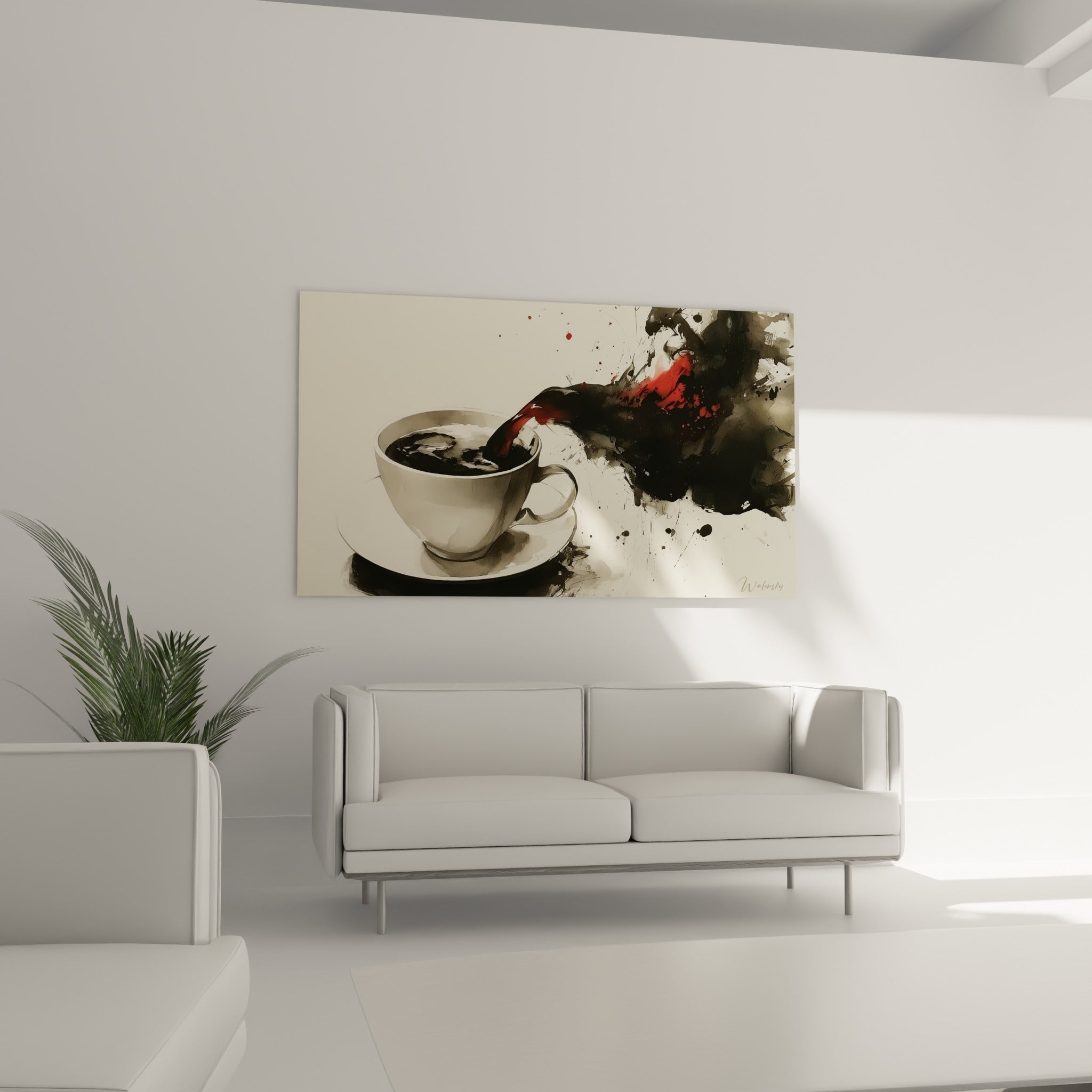 Café noir versé avec traînées rouges autour d'une tasse blanche, au-dessus d'un canapé dans un salon lumineux