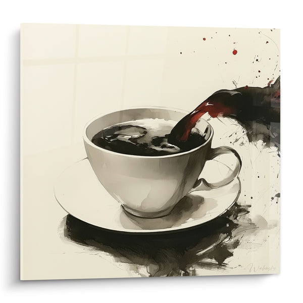 White Mug with Scarlet Black Pouring - Suspended Moment - Café Edition