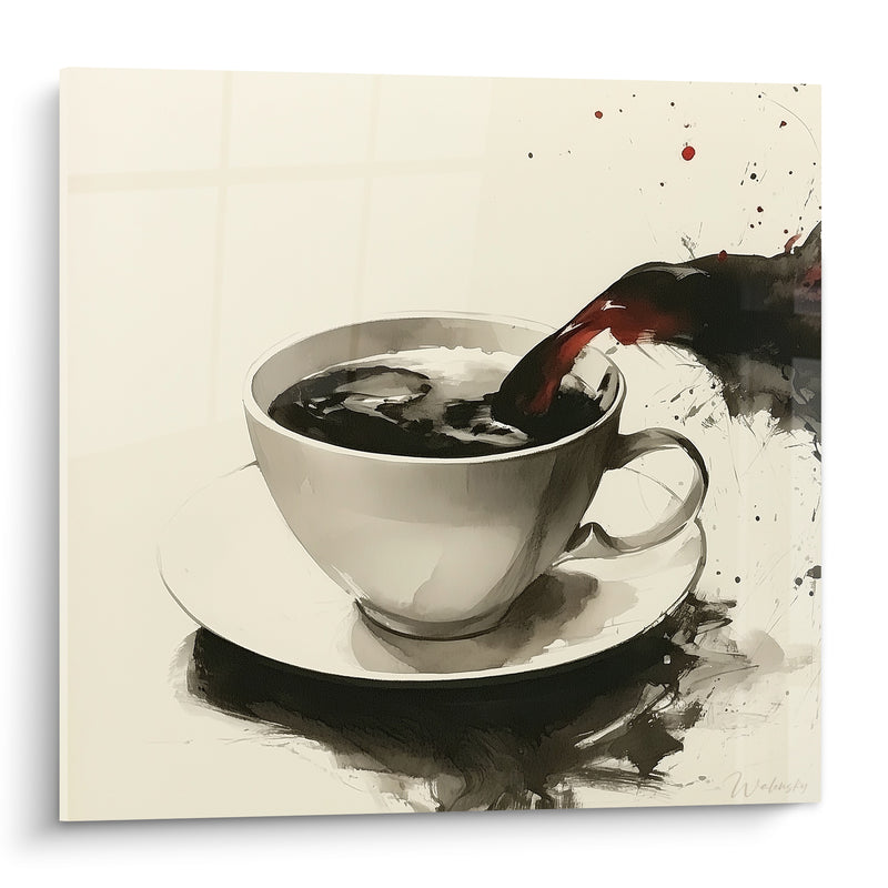 Tableau Tasse blanche au versement noir écarlate - Instant suspendu - Edition Café