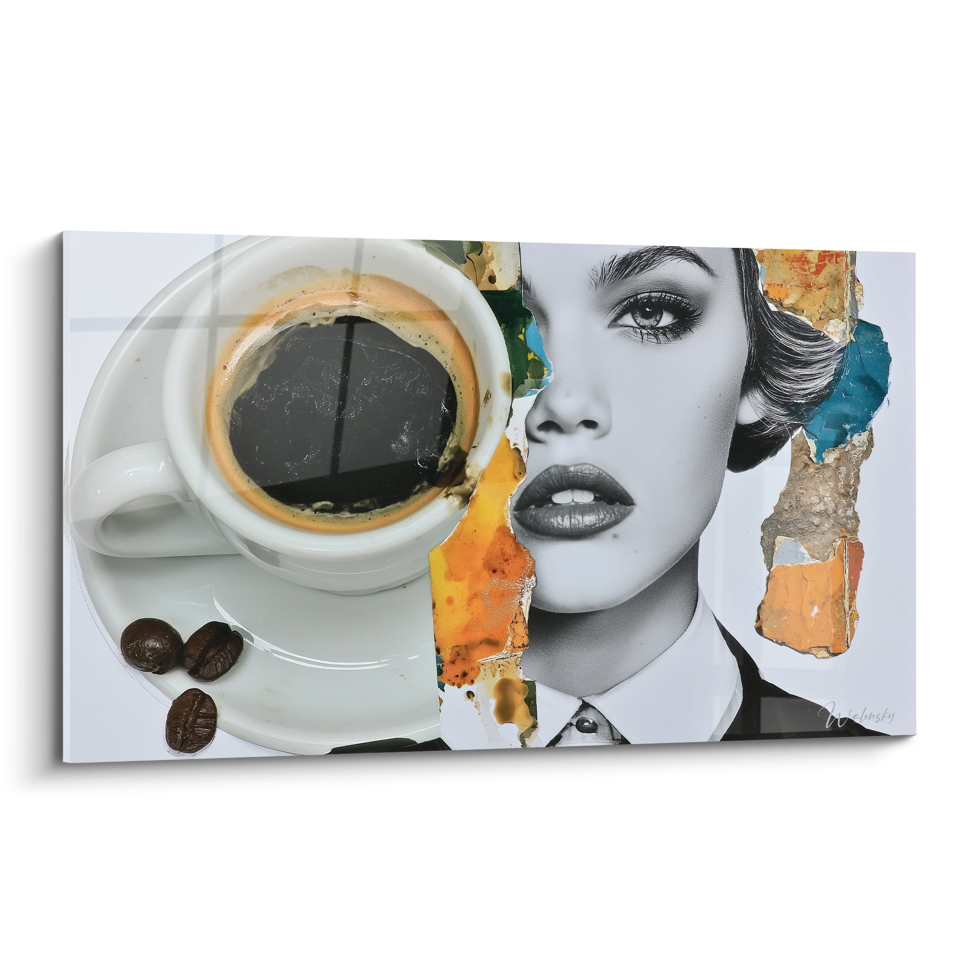 Tasse de café blanche et visage graphique ocre et turquoise en collage rétro